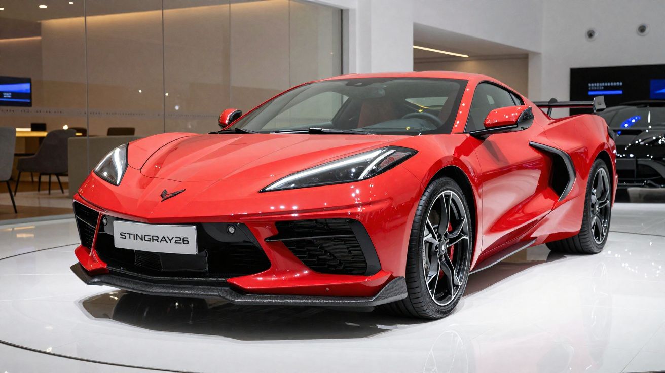 Red Chevrolet Corvette Stingray sports car displayed in a showroom with modern interior and bright lighting.