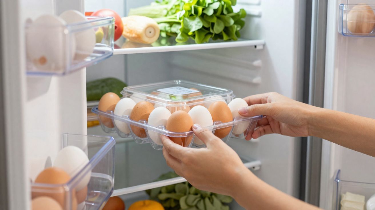 Hands placing a tray of white and brown eggs inside a fridge with fresh vegetables on the shelves.