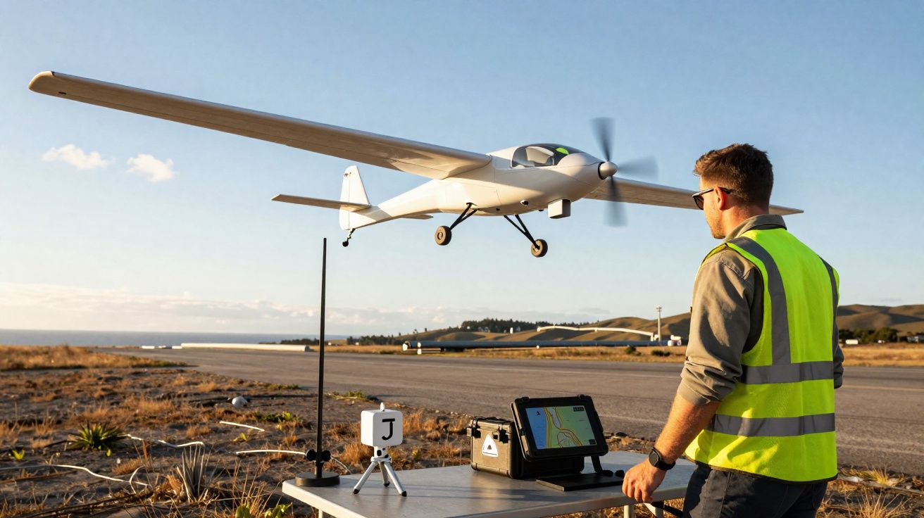 Man in hi-vis vest operating a remote-controlled drone aircraft on a runway at sunset