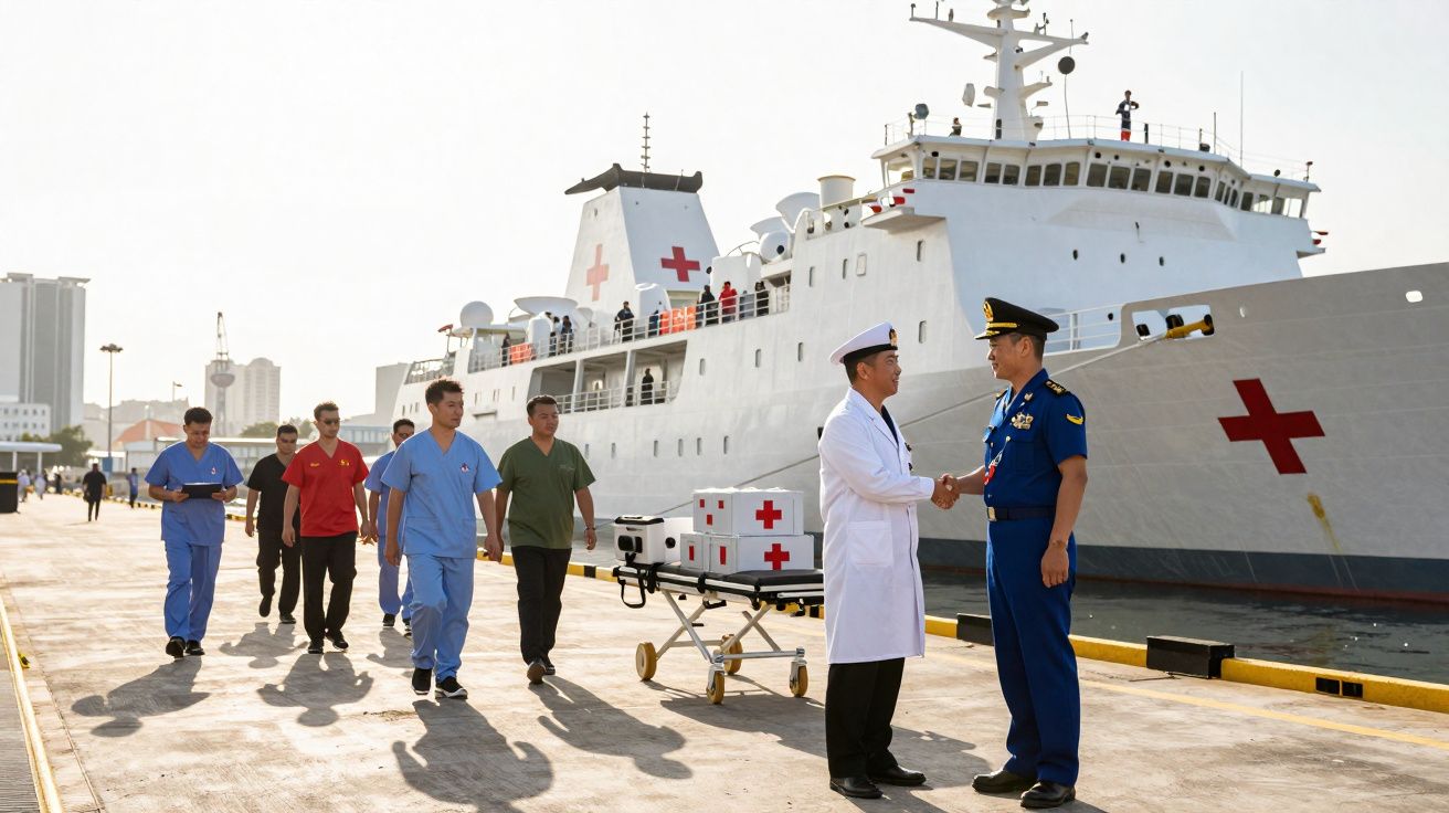 Medical personnel and navy officers shaking hands by a hospital ship docked at a harbour.