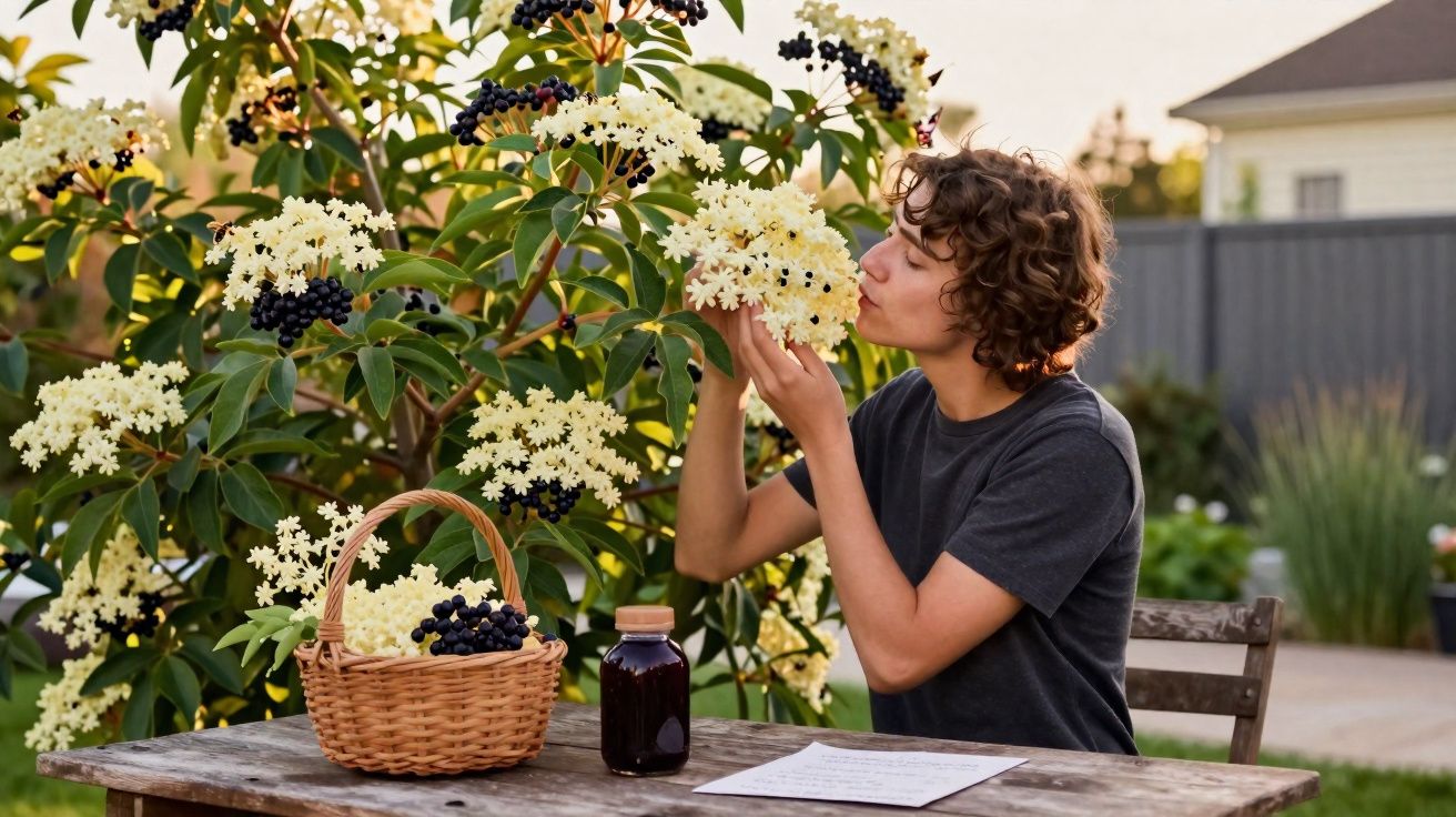Young person smelling white elderflower blossoms beside basket of elderberries on rustic wooden table outdoors.