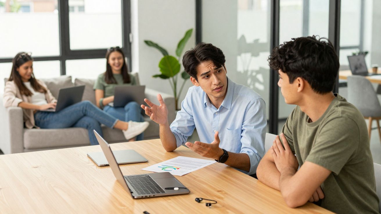 Two men discussing work at a wooden table with laptops while two women use laptops on a sofa in the background.