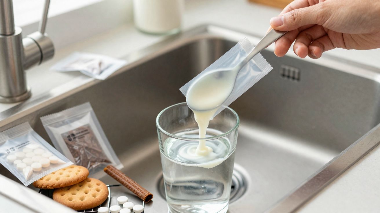 Hand pouring a white powder from a sachet into a glass of water by a kitchen sink with tablets and biscuits nearby.