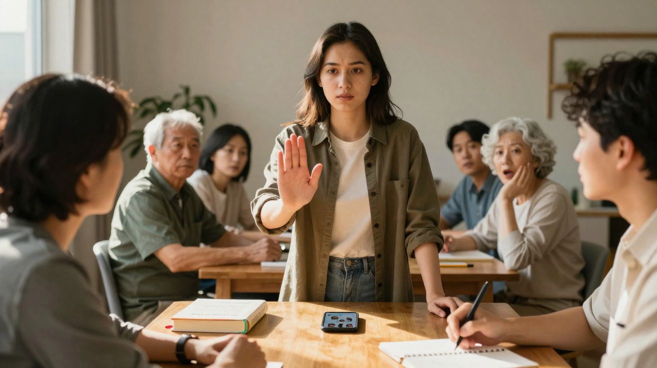 Young woman raising hand in a serious group discussion at a wooden table with six other people.