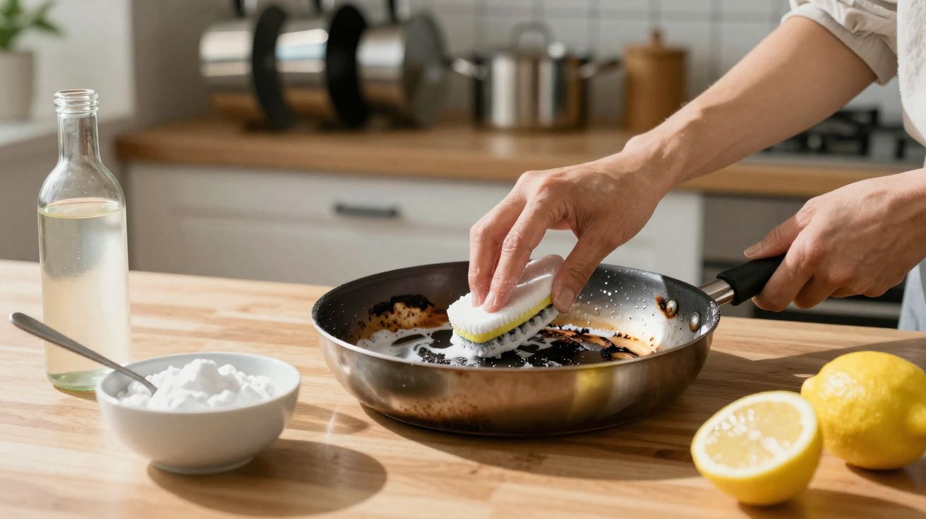 Person scrubbing burnt residue from frying pan with a brush, lemon halves and bowl of baking soda nearby.
