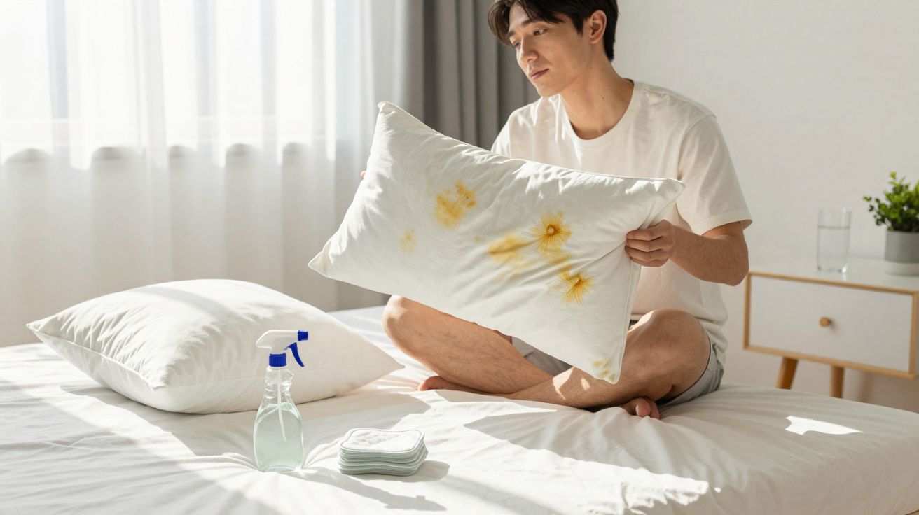 Man sitting on bed holding a stained pillow with cleaning spray and cloths nearby in a bright bedroom.