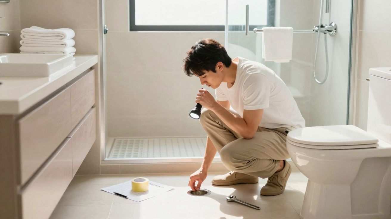 Man crouching in bathroom inspecting shower drain with a flashlight and tools nearby on the floor.