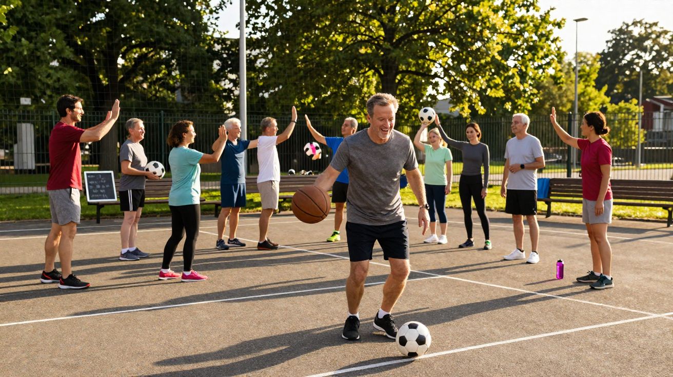 Group of diverse older adults playing basketball and football together outdoors on a sunny day.