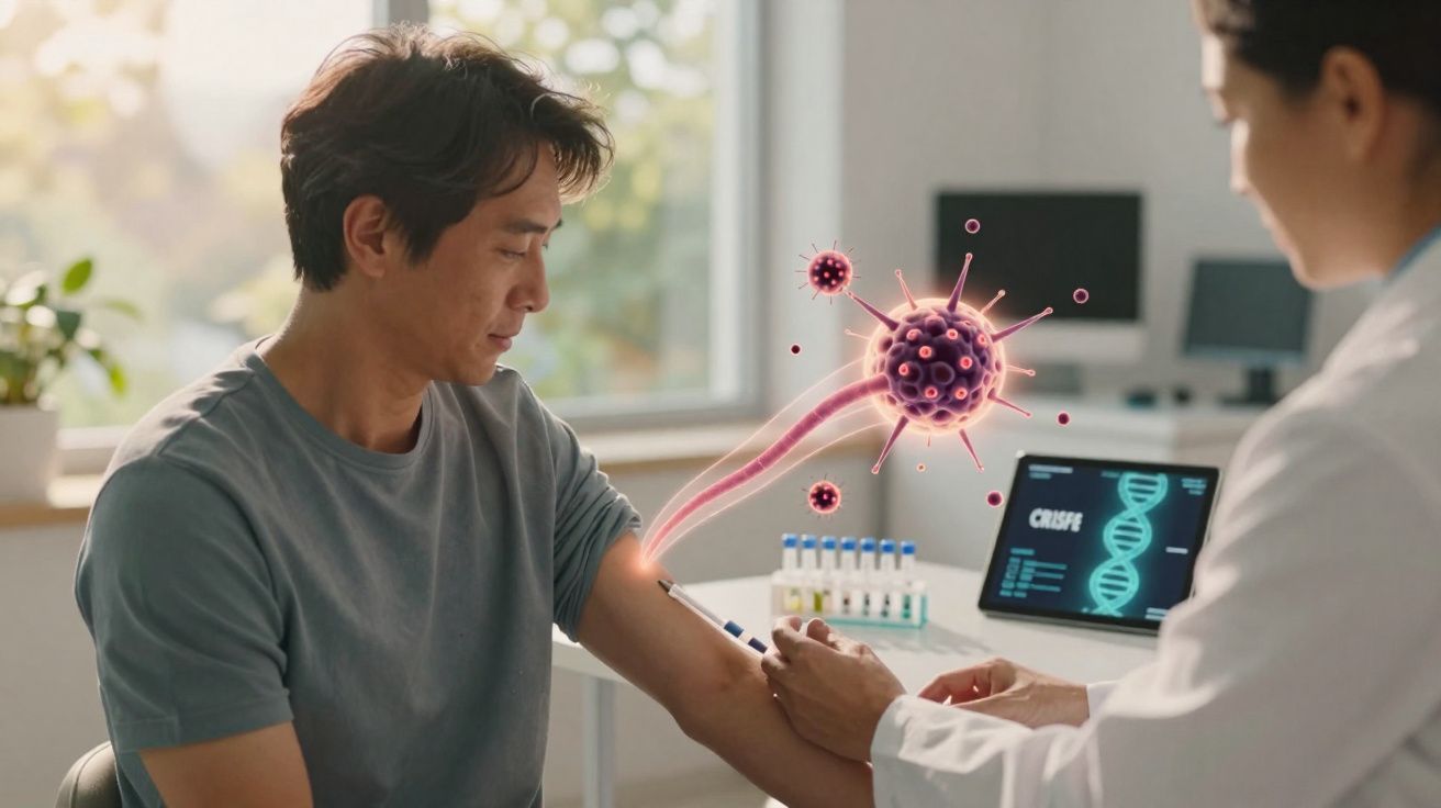 Man receiving blood test from a medical professional with a digital virus and DNA illustration overlay.