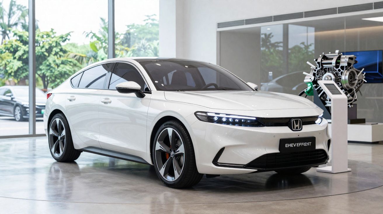 White Honda electric sedan with sleek LED headlights displayed in modern showroom.