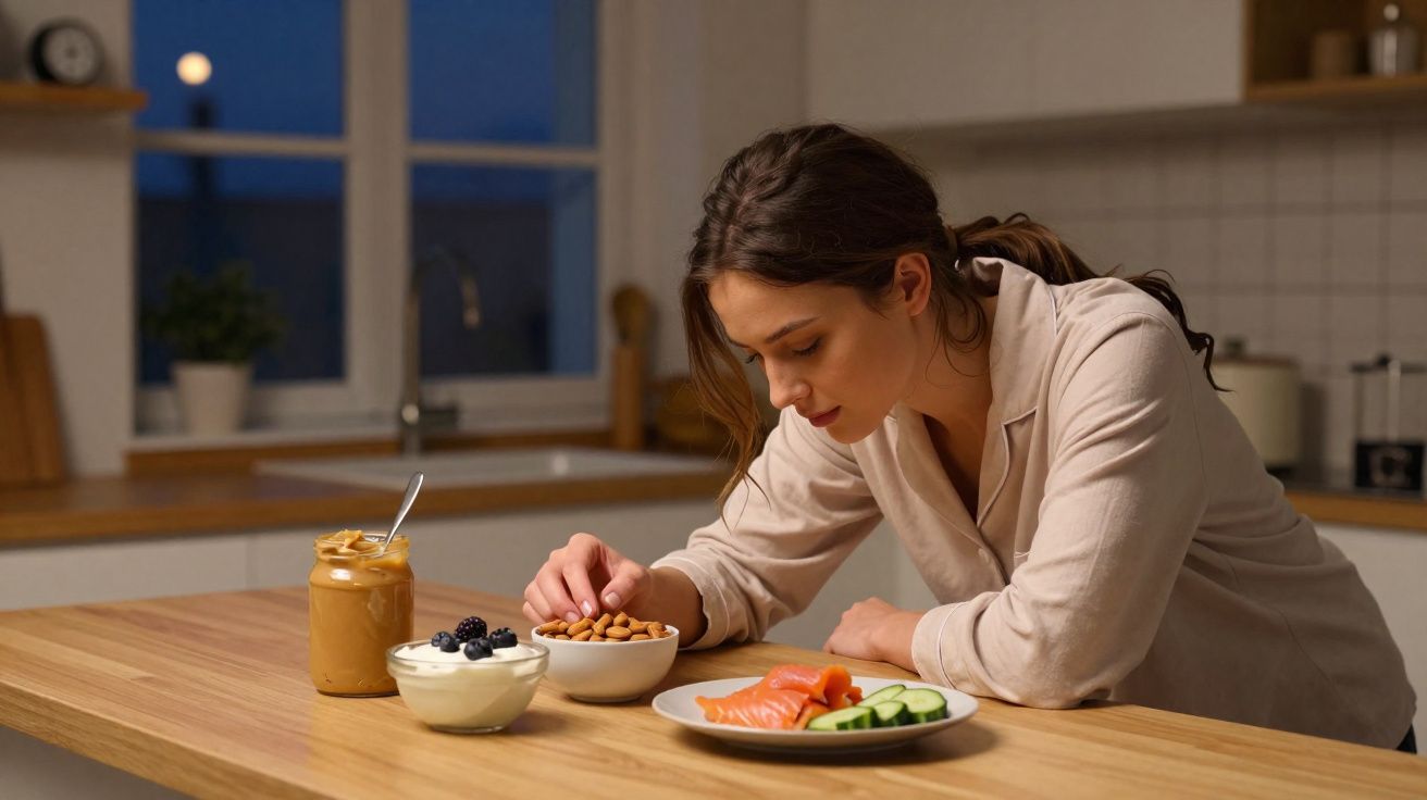 Woman selecting almonds from a bowl on a kitchen counter with healthy food and peanut butter nearby.