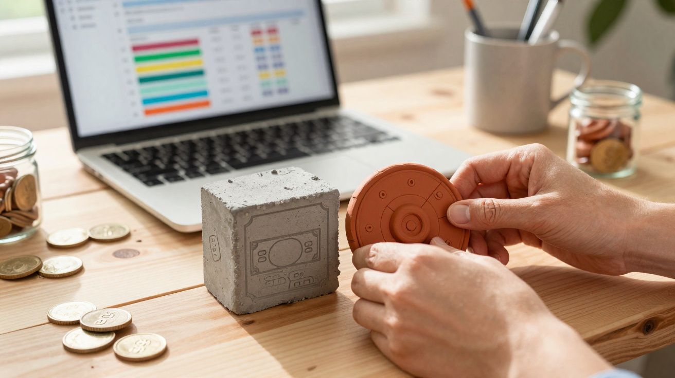 Hands holding a circular coin next to a concrete piggy bank and coins on a wooden desk with a laptop.