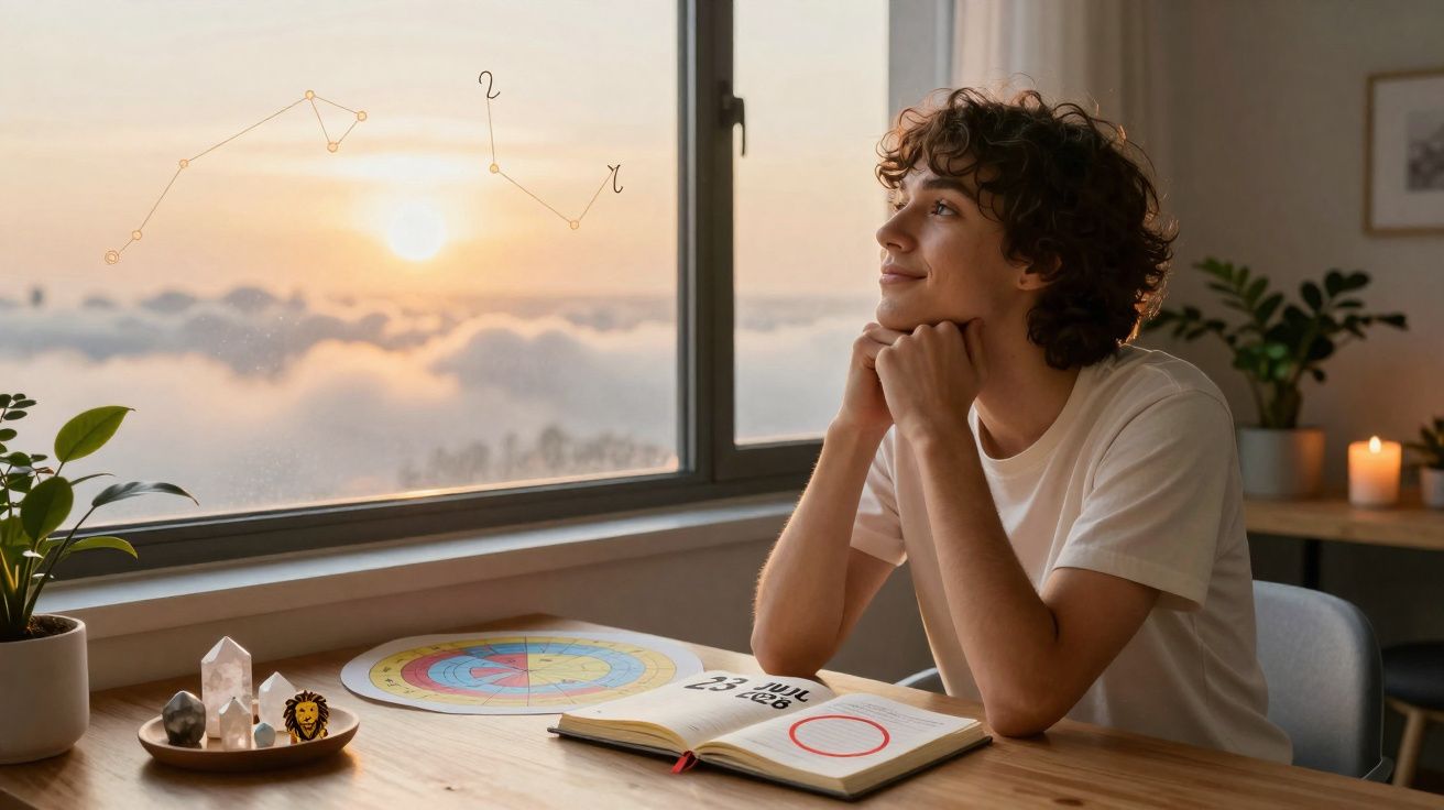 Young person gazing out window at sunset with astrology chart, notebook, and crystals on desk.
