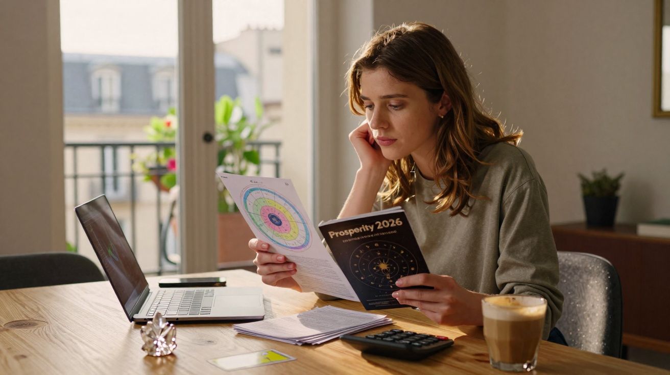 Young woman studying astrology charts and Prosperity 2026 booklet at wooden table with laptop and coffee.