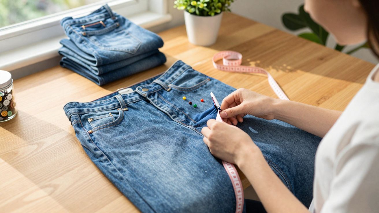 Person measuring and marking blue denim jeans on a wooden table with folded jeans and sewing supplies nearby
