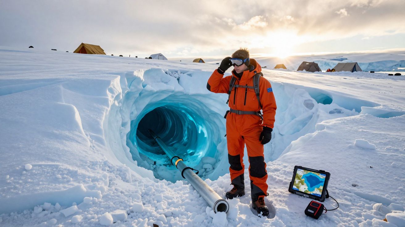 Scientist in orange suit adjusting goggles near icy blue glacier tunnel with equipment and tents in snowy landscape.