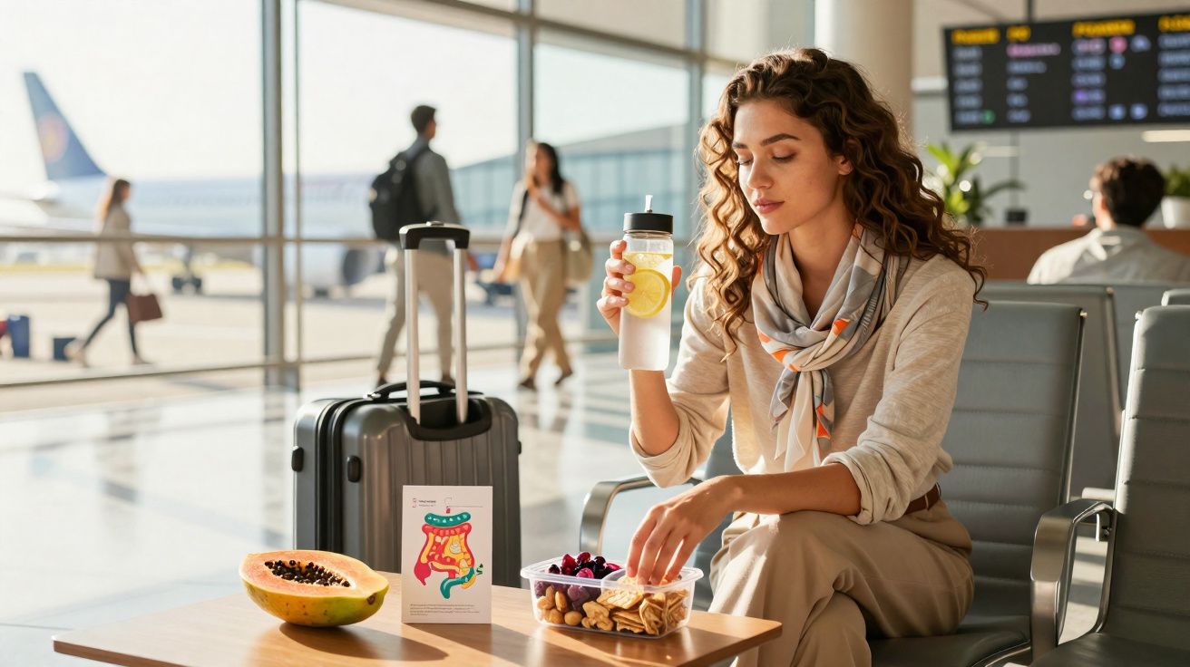 Woman sitting in airport waiting area with suitcase, lemon water, snacks, and papaya on table nearby.