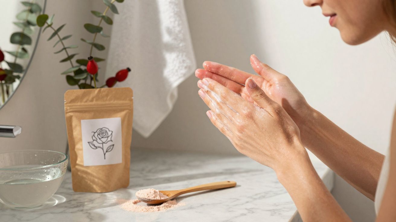 Woman applying natural facial scrub on hands at marble bathroom counter with bowl and pouch