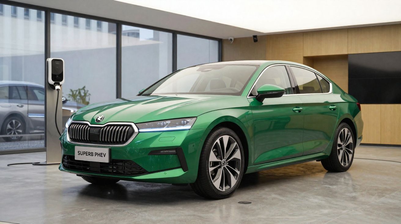 Green Skoda Superb PHEV car parked indoors, plugged into a charging station next to large windows.
