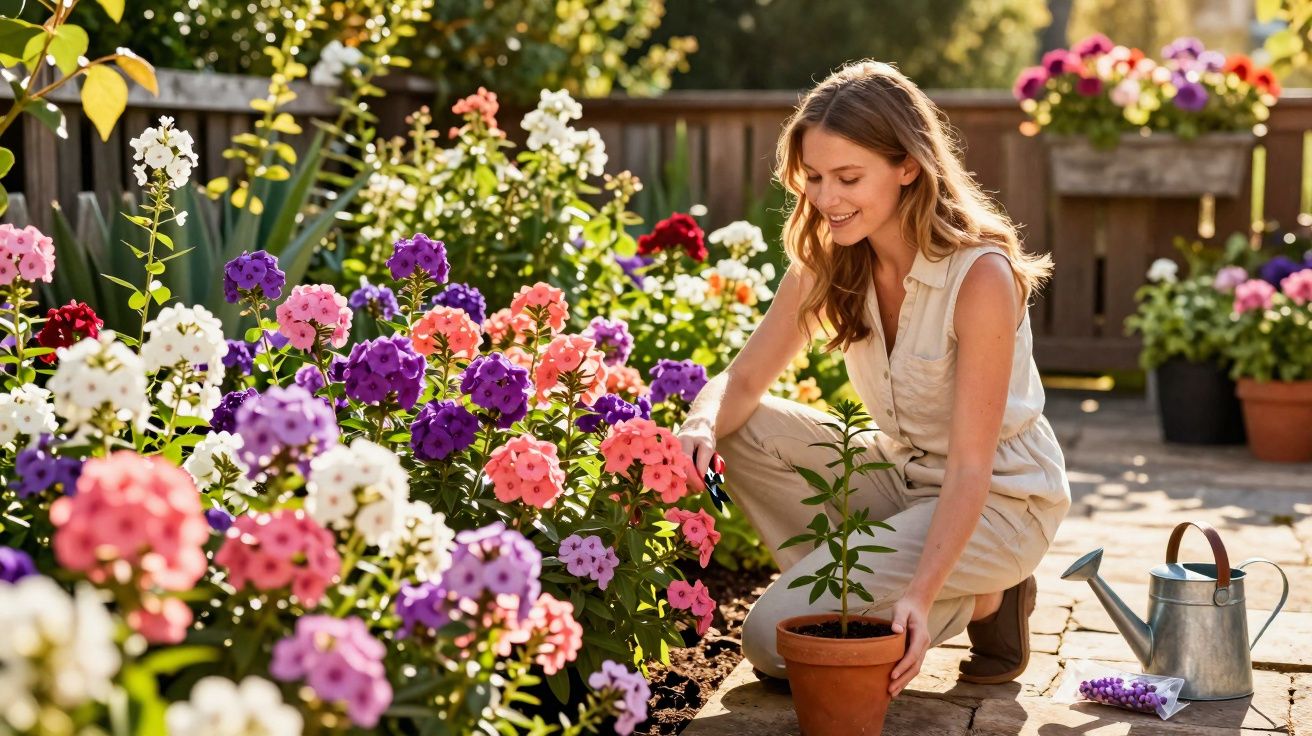 Woman gardening with colourful flowers on a sunny patio, holding a potted plant and pruning shears.