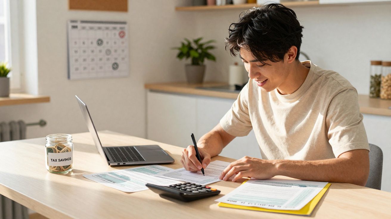 Young man calculating finances at table with laptop, documents, calculator, and jar labelled Tax Savings.
