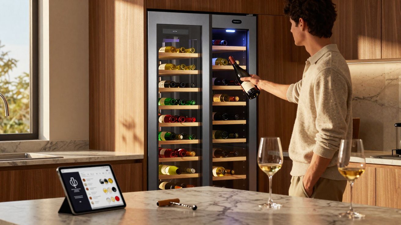 Man selecting a bottle of wine from a dual-zone wine fridge in a modern kitchen with wine glasses on the counter.