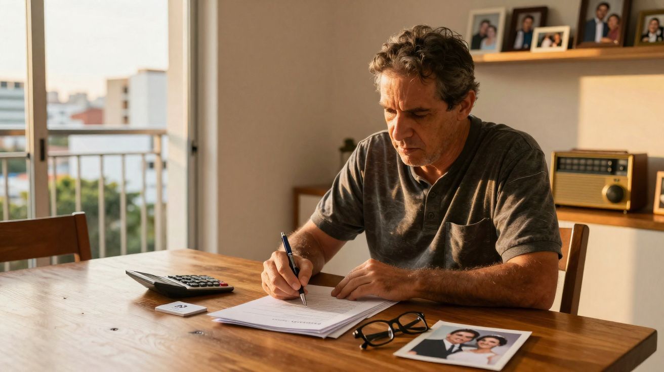Middle-aged man writing on papers at a wooden table with glasses, calculator, and a photo nearby.
