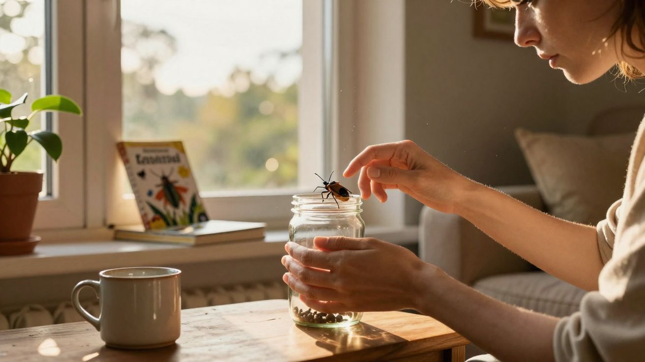 Person observing a large beetle perched on a glass jar on a wooden table near a window with plants and books.