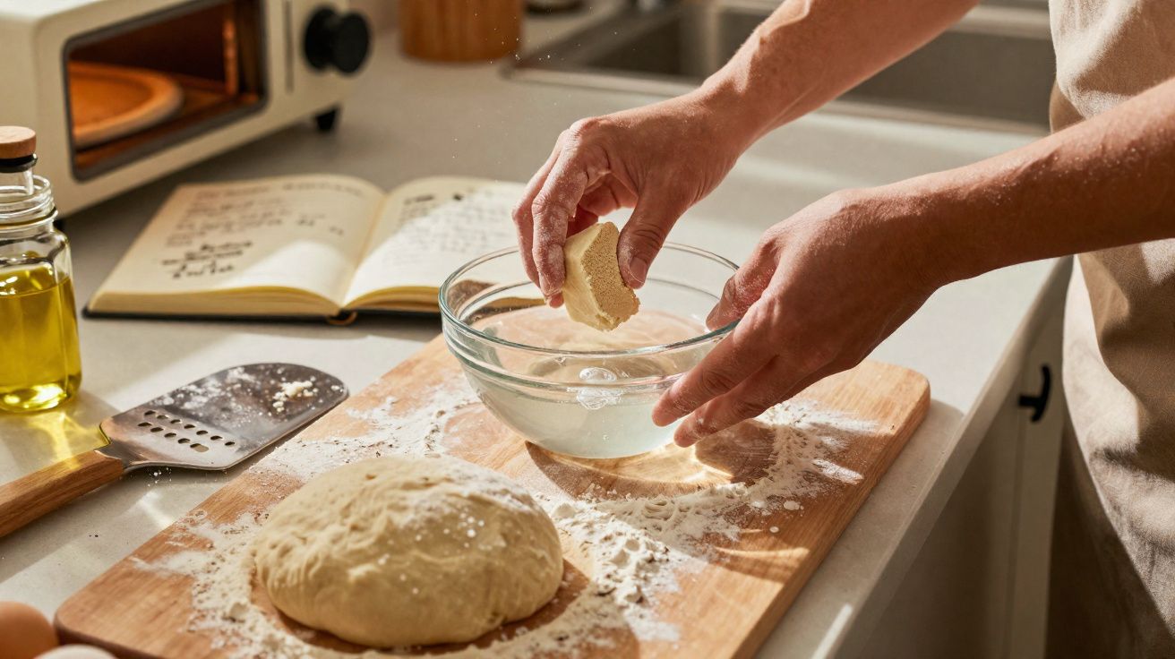 Hands mixing yeast in water with dough on a floured wooden board beside an open recipe book in a kitchen.