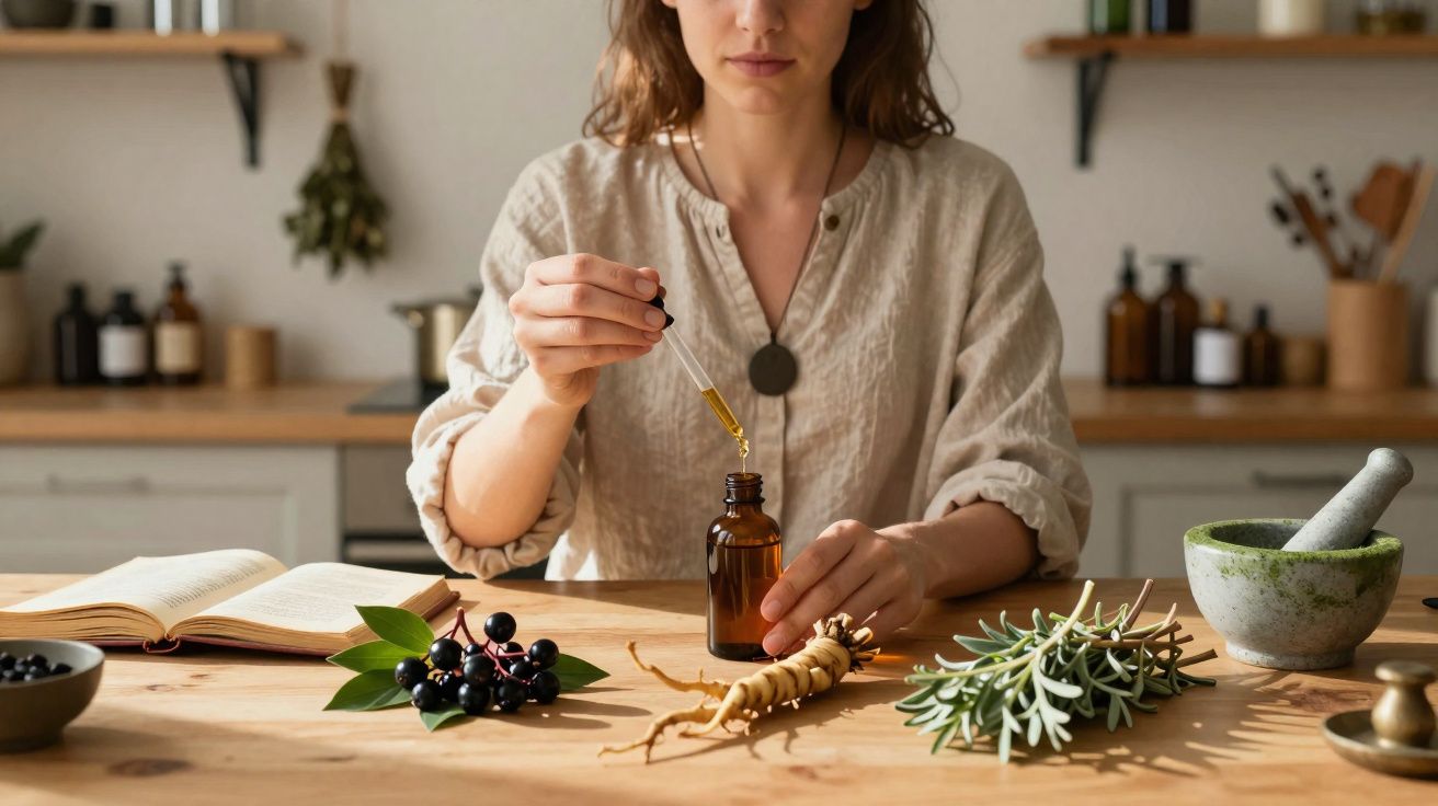 Woman in a beige shirt using a dropper to extract liquid from a brown bottle on a wooden table with herbs and an open book.