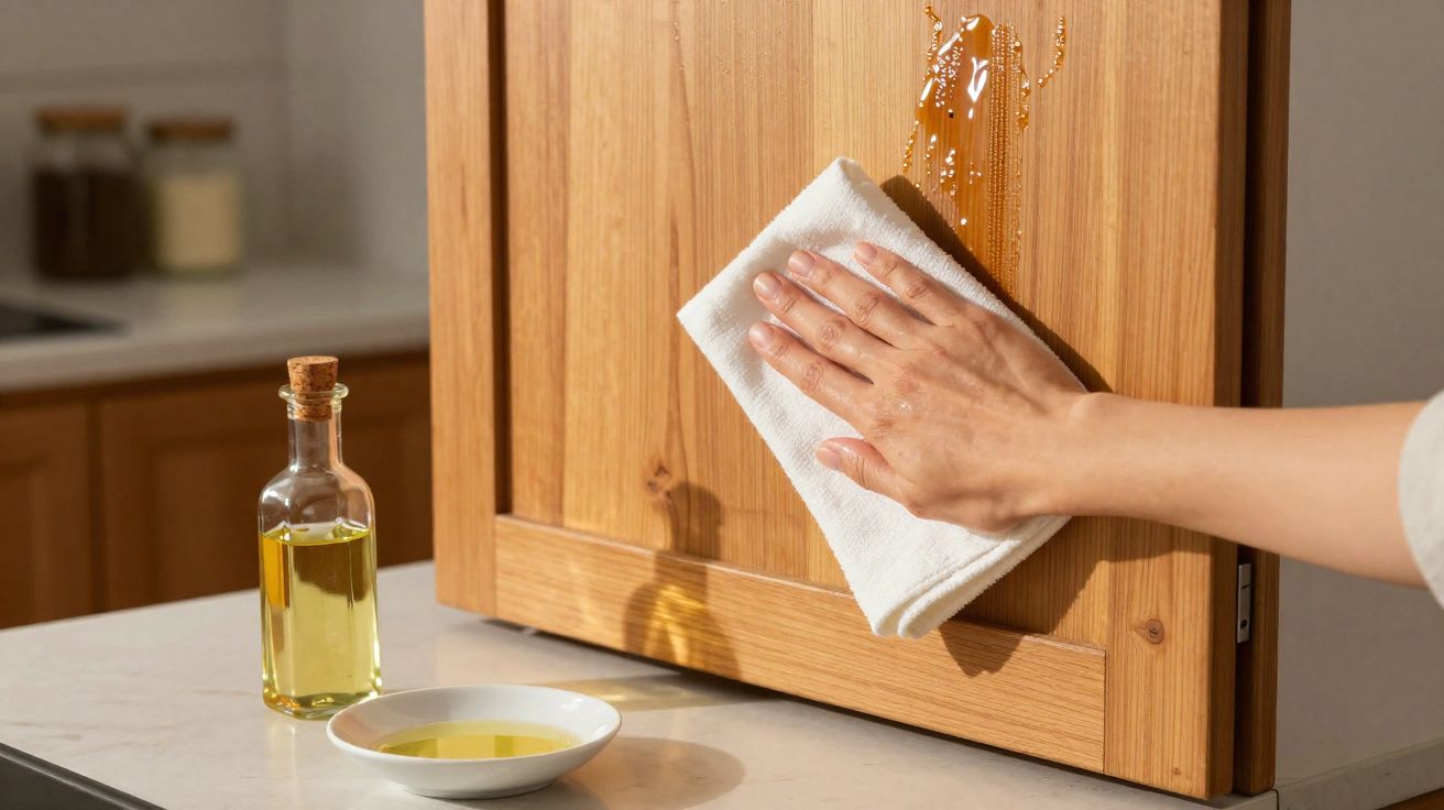 Hand wiping a spill on a wooden cabinet door with a white cloth next to a bottle and bowl of oil on a kitchen counter.
