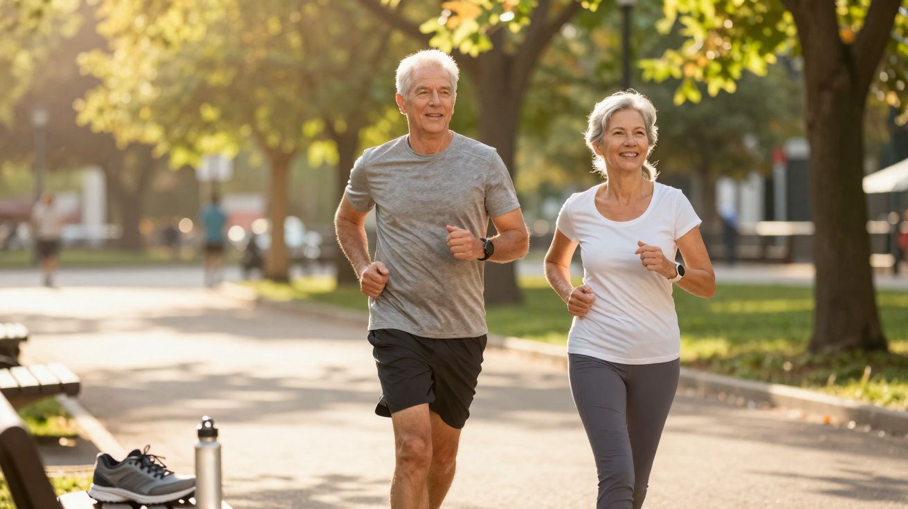 Elderly couple jogging together on a tree-lined park path during a sunny day.
