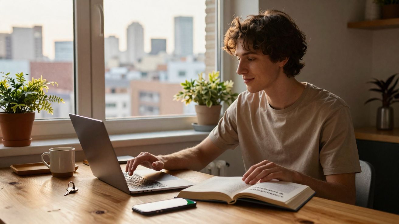 Young man studying at a wooden desk with a laptop, open book, phone, and plants near a window in natural light.