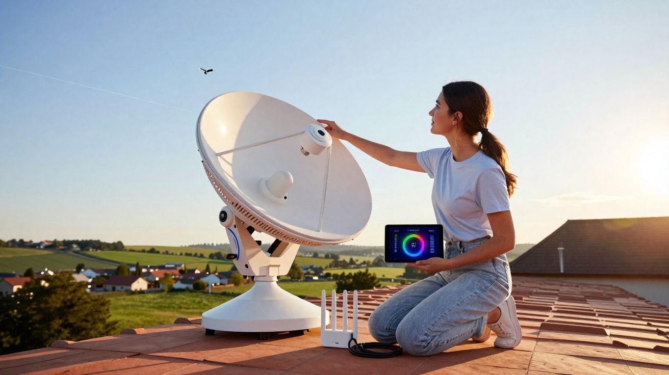 Woman adjusting a large satellite dish on a rooftop with a tablet and router in hand at sunset.