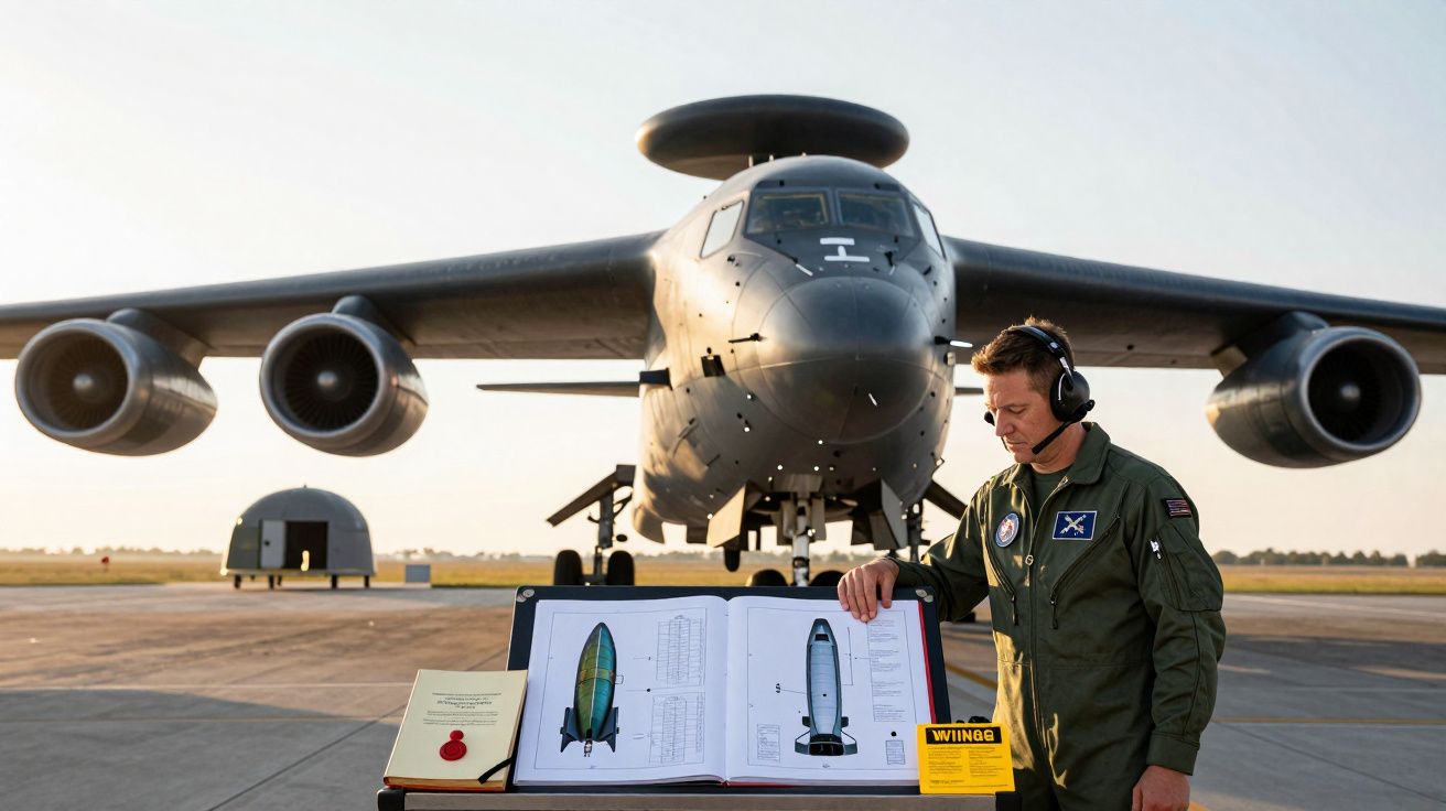Military personnel in flight suit examines documents with bomber aircraft on runway in the background.
