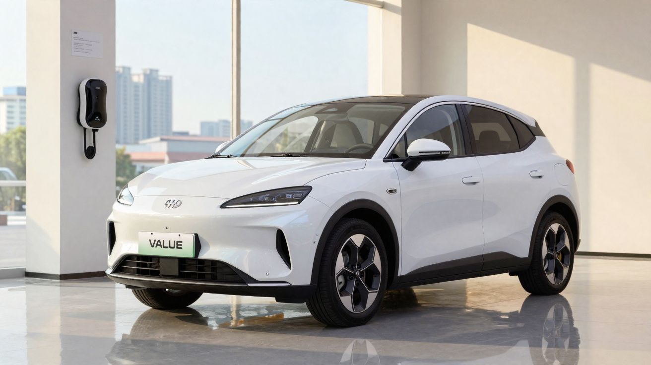 White electric SUV parked indoors near a wall with an EV charging station attached.