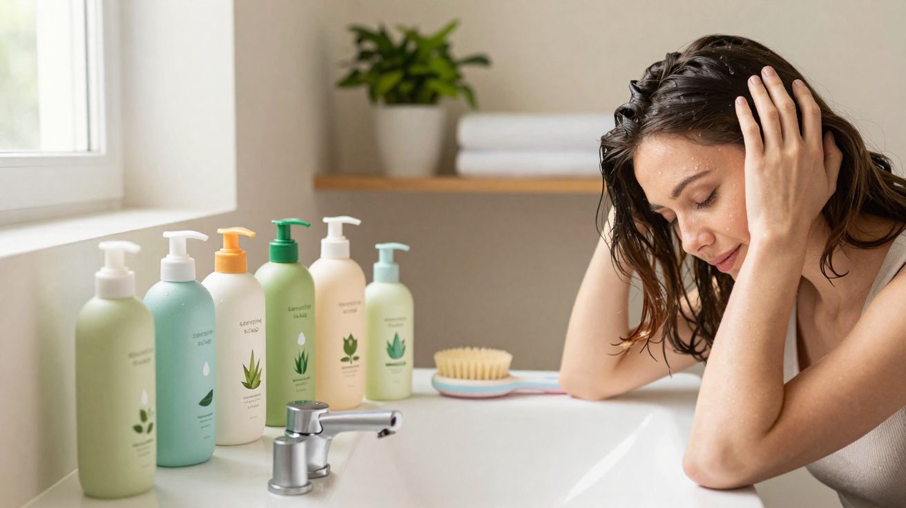 Woman with wet hair resting head on hands by bathroom sink with skincare bottles lined up on the edge