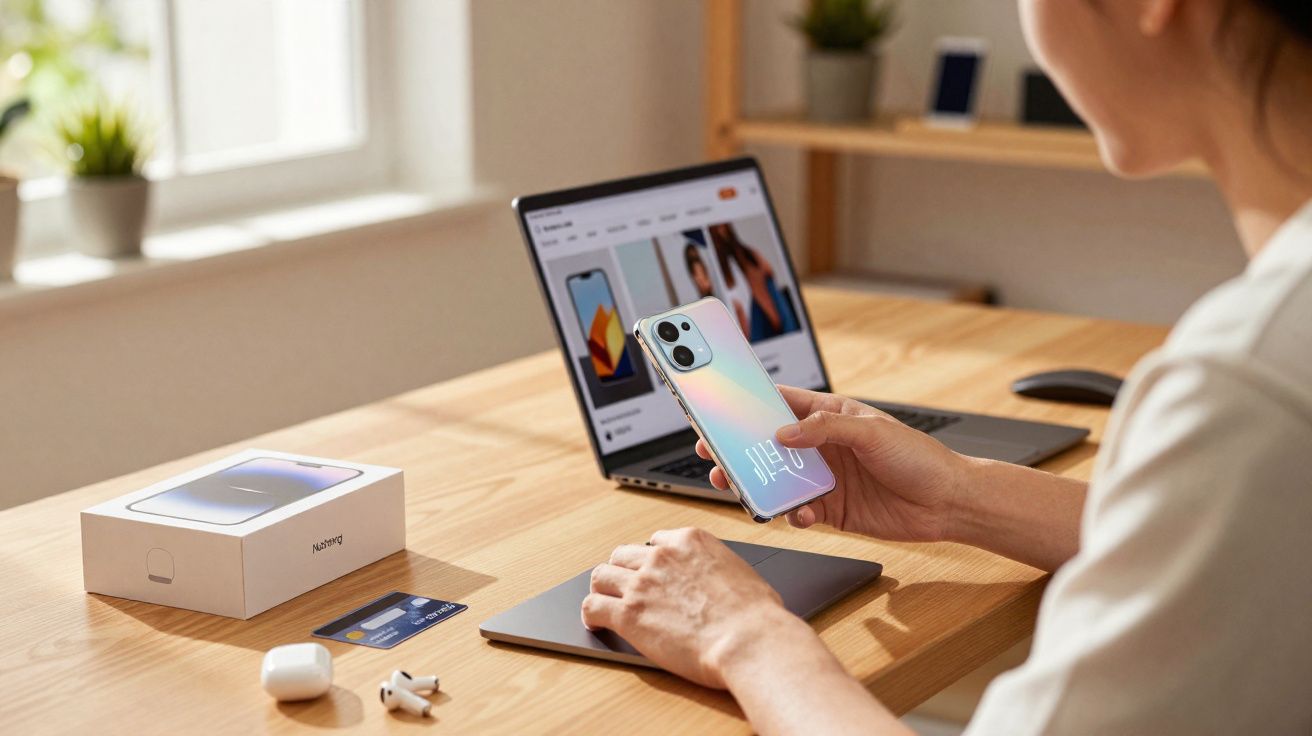 Person holding a shiny smartphone with a laptop, AirPods, and a credit card on a wooden desk by a window.