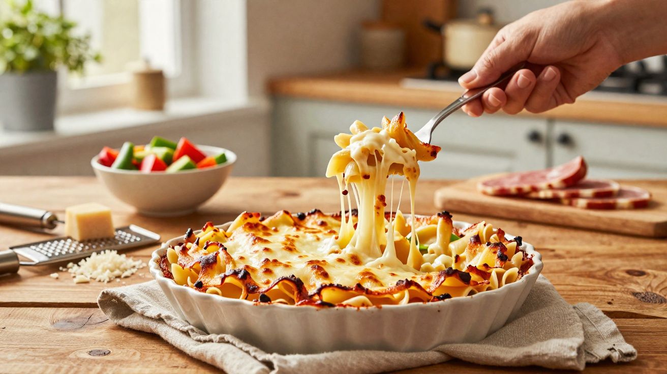 Hand lifting cheesy baked pasta from a white dish on a wooden table in a kitchen.