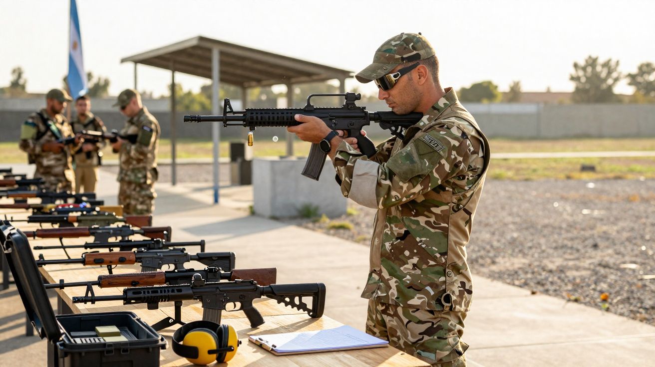 Soldier in camouflage uniform aiming rifle at outdoor shooting range with multiple firearms on table nearby.