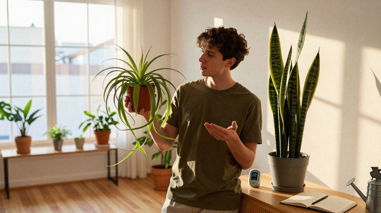 Young man examining a potted houseplant in a sunlit room with several plants and gardening tools.