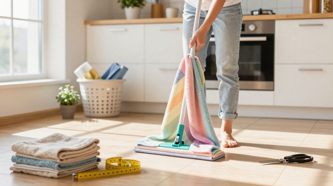 Person mopping a sunlit kitchen floor with a rainbow-coloured mop cloth and bare feet visible.