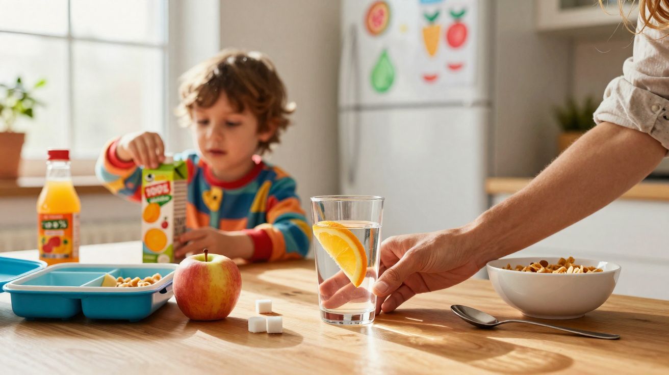 Child opening a juice carton at a kitchen table with an apple, water with lemon, and cereal bowl nearby.