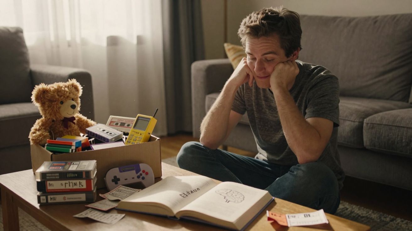 Man sitting cross-legged on floor reading a book with a box of retro toys and games nearby.