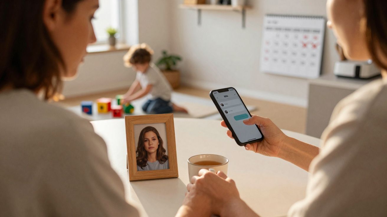Two people holding hands at a table with a framed photo, a smartphone, and a child playing in the background.