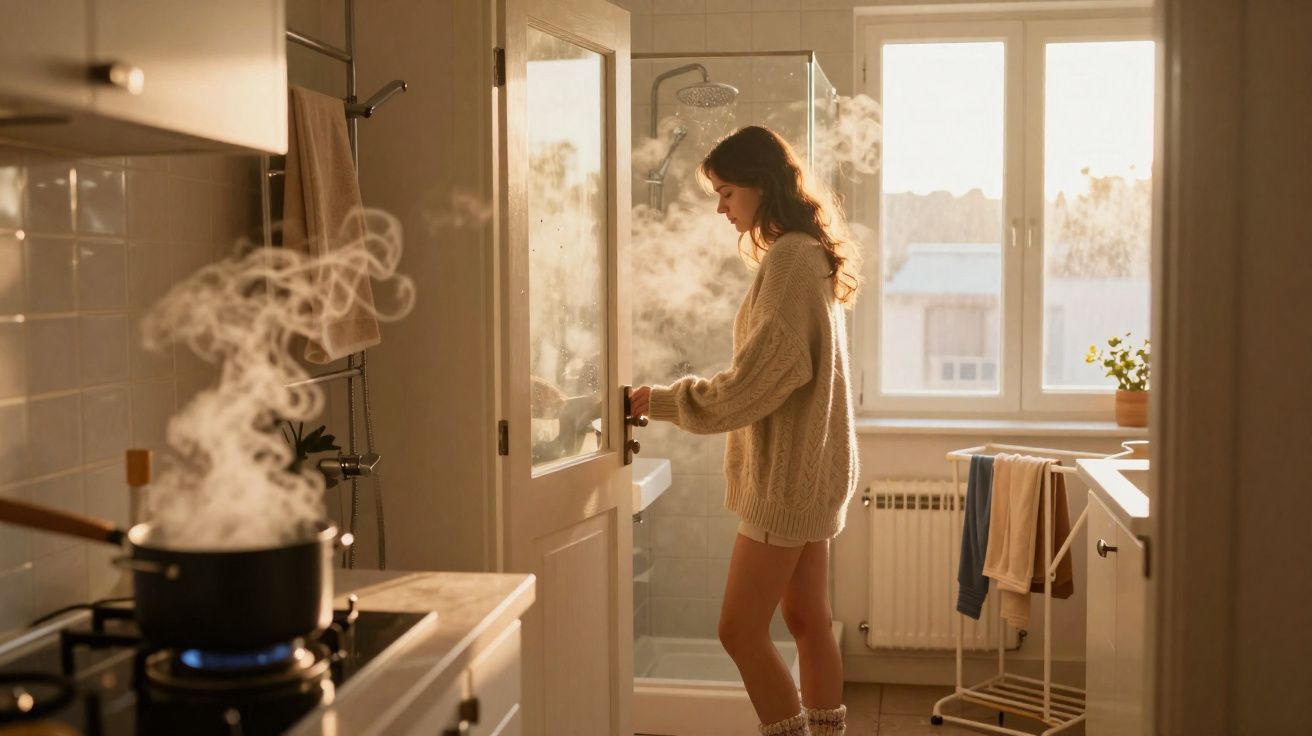 Woman opening a steamy bathroom door in a sunlit kitchen with a boiling pot on the stove.