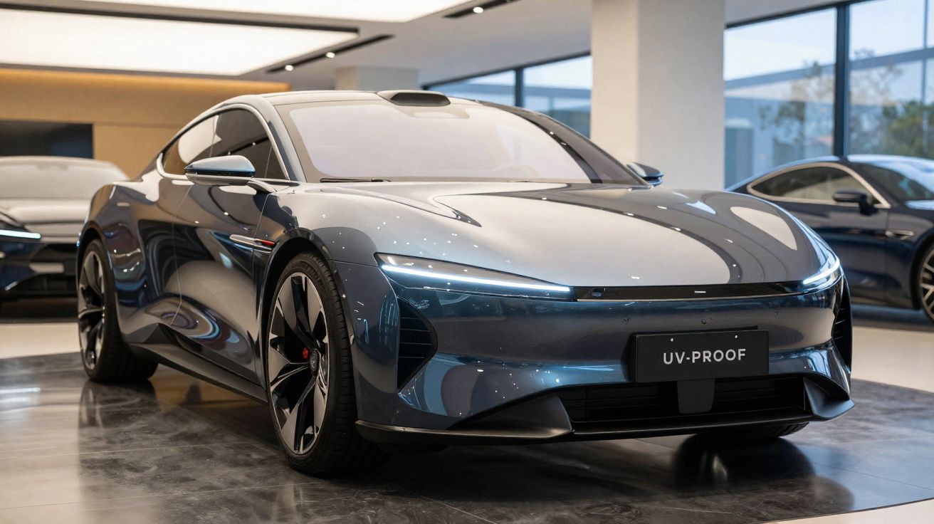 Sleek modern electric car with aerodynamic design and LED headlights displayed indoors on shiny floor.