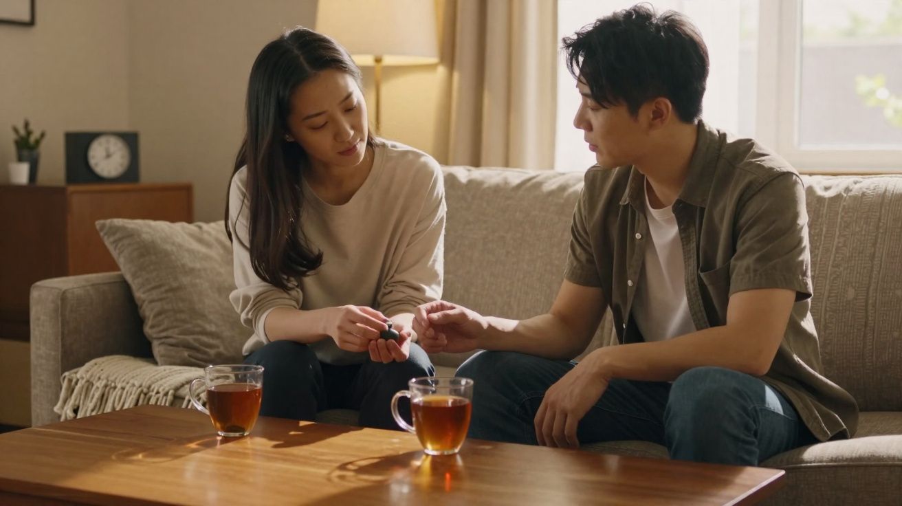 A couple sitting on a sofa exchanging a small item with two cups of tea on the wooden table.