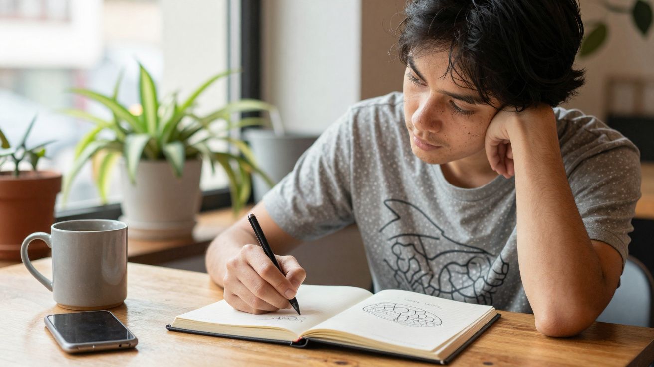Young person drawing in a notebook while sitting at a wooden table with a mug and smartphone nearby.