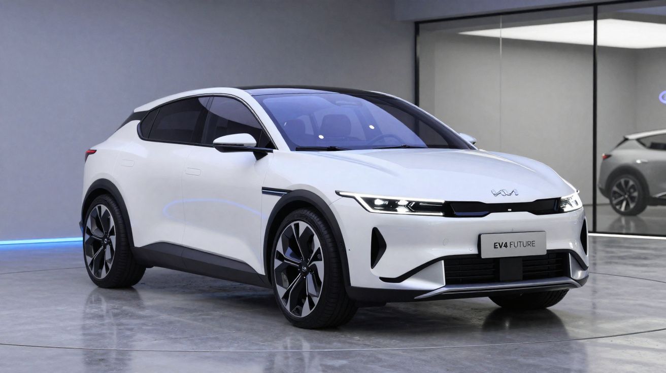 White Kia EV4 Future electric SUV parked indoors with modern design and black detailing